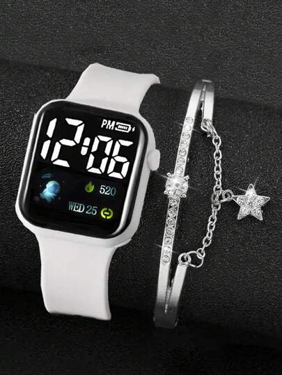 Bộ 2 chiếc đồng hồ kỹ thuật số màu trắng dễ thương và thanh lịch dành cho bé gái kèm vòng tay hình sao biển, dây đeo silicon, màn hình hiển thị kỹ thuật số, vòng tay hợp kim bạc, thích hợp cho sử dụng hàng ngày, đi học, lễ hội, ngày Valentine và các dịp khác, một lựa chọn quà tặng tuyệt vời.