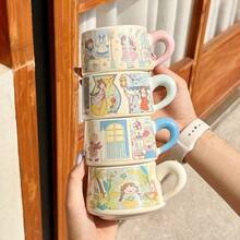 卡通咖啡杯碟图案马克杯，优雅下午茶杯，精美陶瓷杯，送给她的礼物 - 彩色 - 查看 3