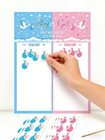 Gender Reveal Party Voting Kit - A Cute Blue And Pink Themed Guest Activity Kit That Includes A Voting Board And Adorable Baby Stickers. Perfect For Gender Reveal Celebrations, This Fun And Interactive Kit Will Engage Your Guests And Add A Festive Touch To Your Party. The Design Is Cartoonish And Warm, Employing The Classic "Pink And Blue" Visual Logic.