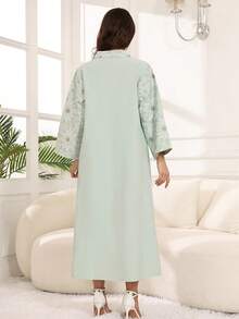 2026新款优雅花卉刺绣阿巴雅长袍，斋月传统阿拉伯女装，宽松立领宽袖 - 綠色 - 查看 12