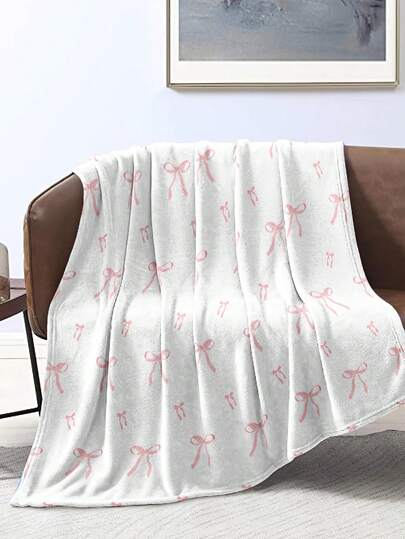 1件粉色条纹蝴蝶结图案，女孩款，可爱，情人节数码印花蝴蝶结装饰毯（1条毯子），可爱日常使用涤纶化纤材质，柔软亲肤，适合全年四季，柔软舒适，家居装饰