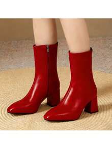 Square Toe Block Heel Ankle Boots - Women's Office Commute Slip-On Leather Short Boots For Daily Work - Đỏ - Xem 3