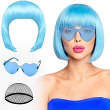 PLULON Sky Blue Bob Wig And Sunglass Set, Neon Short Bob Wig Sunglass Pack Costume Colorful Cosplay Wig Hairpieces For Bachelorette Neon Party Favors, Halloween Decorations - 彩色 - 查看 10