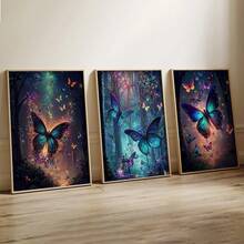 Set de 3 piezas de arte de pared de lienzo con mariposas, diseño de mariposas de bosque soñador, decoración de pared, patrón de mariposas, decoración moderna para el hogar, adecuado para decoración del hogar, decoración de habitación, decoración de dormitorio, decoración de sala de estar, decoración de baño, decoración de pared, arte de pared opcional con marco. - Multicolor - Ver 5