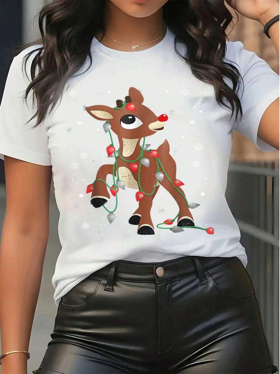 Women's Christmas Rudolph Graphic Tee Casual Short Sleeve Crew Neck T-Shirt Festive Reindeer Light Print Top For Holiday Party Daily Wear - 白色 - 查看 1