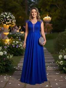 Grife Velasco Elegant Long Wedding/Party Dress With Ruffles, Glitter, And Short Sleeves, For Bridesmaids And Graduation. - Royal Blue - View 8