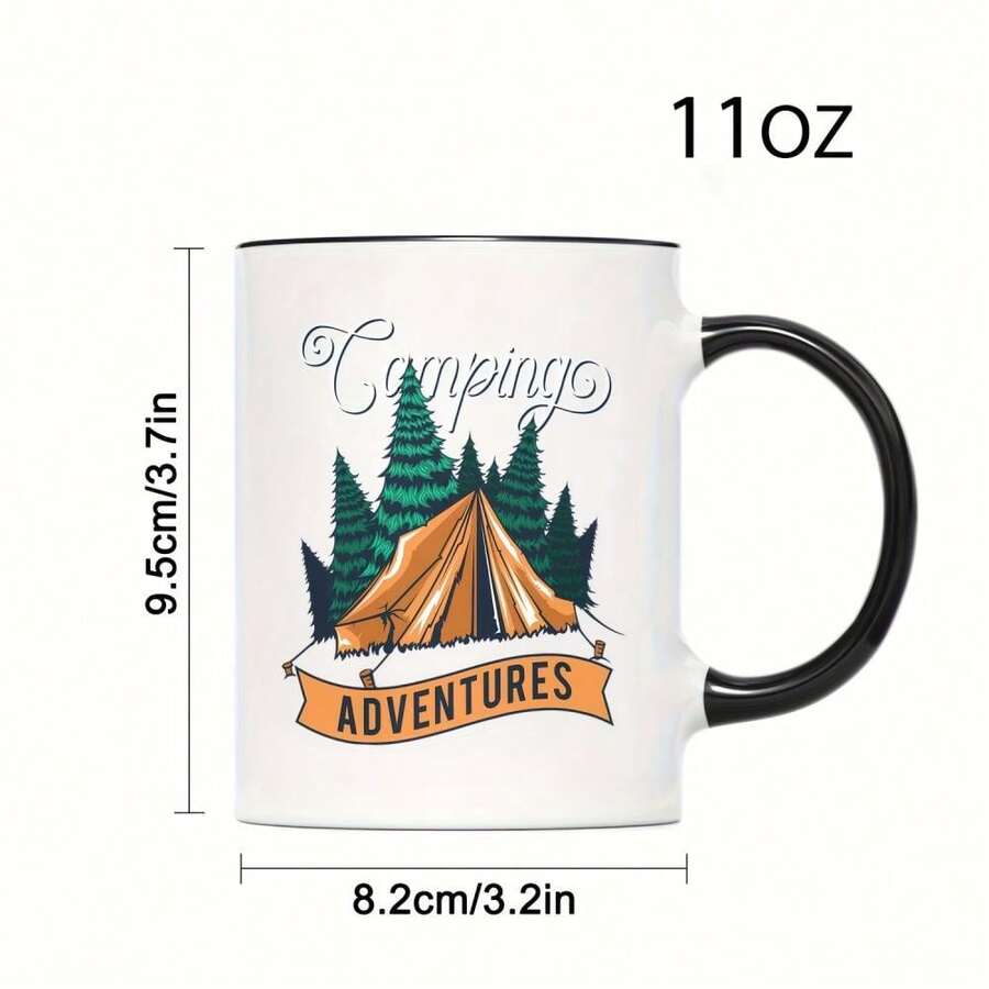 Taza de cerámica con temática de camping: 1 unidad. Diseño de pino, tienda de campaña y fogata. Taza de café para exteriores en blanco y negro para bebidas frías o calientes. Letras de fogata. Duradera. Ideal para excursionistas, campistas y aventureros (lavar solo a mano). Taza de camping reutilizable. Regalo rom - Blanco y Negro - Ver 1