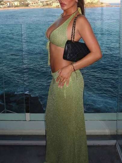 Conjunto de 2 piezas de punto para mujer, top de tirantes de color verde oliva sólido y falda larga, tejido de punto calado, estilo casual de vacaciones, ropa de playa, prenda de vestir de mujer, ropa de verano