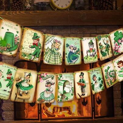 1 Set St. Patrick's Day Decorations - Vintage St. Patrick's Day Banner, Clover Clover St. Patrick's Day Wreath, Irish Party Supplies, 15 Pcs Lucky Clover St. Patrick's Day Decor For Holiday Home Decor