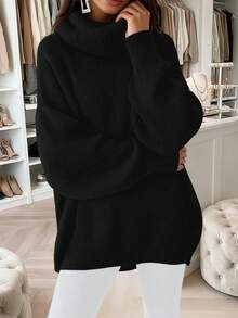 大码女式时尚简约粉色高领长袖套头毛衣，宽松休闲针织上衣，适合情人节和日常穿着