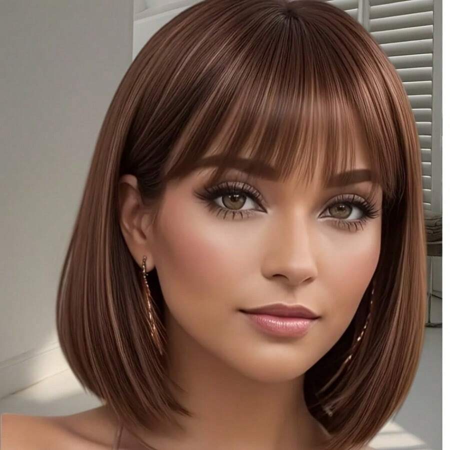 14 Inch 4x4 Lace Auburn Hair Wig With Bangs Layered Curtain Bangs Straight Closure Front Glueless Put On And Go Bob 4# Brown Real Human Hair Wigs - S4 - View 1