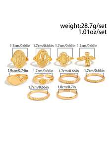 10pcs Exaggerated Rhinestone Crown & Cross Punk Fashion Finger Rings, Suitable For All Occasions, Great Gift Choice - Gold - View 4