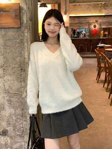 Women's Solid Color Fluffy Loose Soft Knit Sweater, Autumn/Winter - White - View 5
