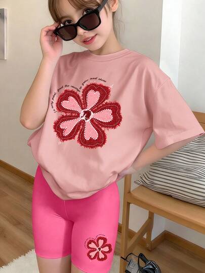 1 Piece Cute Element Set Exclusively For Tween Girls, T-Shirt & Shorts Matching Style, Heart-Petal Flower & Inspirational Slogan Design, Soft And Comfortable Fabric Suitable For Girl Activities, Suitable For Spring And Summer Campus Daily Outings Casual Play Style Personalized Fashion Style