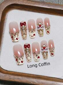 10片手工美甲，椭圆棺材形亚克力按压式美甲，短款、中款、长款可选，柔和粉色美甲，闪亮金色猫眼法式美甲，波点爱心舞狮图案，3D蝴蝶结镶钻美甲，新年礼物，时尚优雅简约新年美甲，冬季假指甲，节日美甲，适合派对、日常、约会、海滩、热带度假等场合，DIY美甲，适合女性和女孩作为礼物美甲用品 - 粉色 - 查看 30