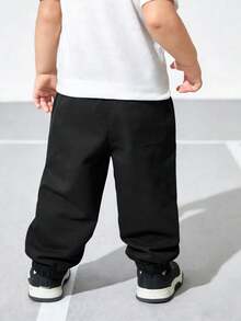 1 buc. Pantaloni jogging casual confortabili, simpli, de culoare solidă, pentru copii mici, băieți - Negru - Vizualizare 2