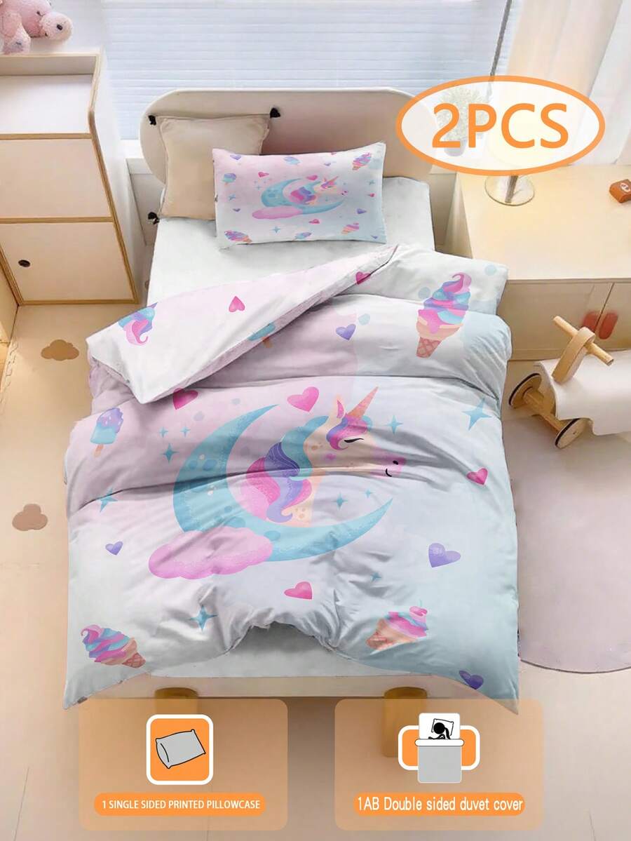 2件套独角兽、月亮、冰淇淋趣味双面印花儿童床上用品套装，100%涤纶，3D双面印花动漫卡通儿童床上用品套装，男女童均适用（1个单面印花枕套+1个双面印花被套，不含填充物） - 彩色 - 查看 1