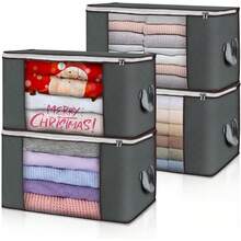 Clothes Storage Bag 4Pack 90L Large Capacity Solution Organizer For Clothes, Duvets, Comforters, Blankets, Bedding With Zip And Clear Window Reinforced Handle Thick And Breathable - Grey - View 2