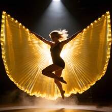 1 pieza Alas de danza del vientre iluminadas con LED, adecuadas para adultos, se pueden usar como accesorios de iluminación para fotos y fiestas, aplicables para varios festivales y escenarios de actuación, disfraz giratorio 360°, con varilla telescópica - Alas brillantes y divididas en oro - Ver 11
