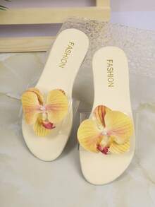 1 Pair Teenage Orchid Decor Transparent Strap Sandals, Sweet Floral Flat Slippers, Fashionable Casual Slip-On Sandals For Vacation - White - View 8