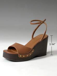 Women's Wedge Sandals 3.94inch Platform Square-Toe Dressy Ankle Buckle Studded Fashion Elegant Sandals Summer Brown Shoes - màu nâu - Xem 2