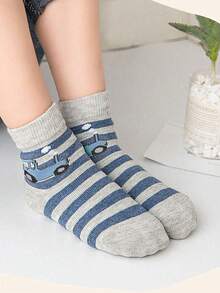 5 Pairs Cute Cartoon Car Pattern Breathable Odor-Resistant Children's Socks, Suitable For Spring, Summer, And Autumn