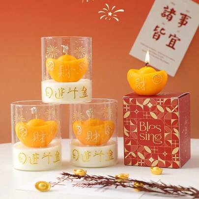 1/4pcs-2026 Year Of The Horse New Year Scented Candle / Festive Shape Cup Wax / Festive Season Fragrance Candle / Scented Cup Candle / Novelty Candle, Candle Shape Gold Coins, Good Luck Bags, Gourd, Lotus Fruit, Cup Candle, Suitable For Home Decorations, Bedrooms, Living Rooms, Bathrooms, And Other Decorative Items