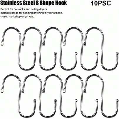 S-Shaped Metal Hooks (10 Units): Versatile For Bathroom, Kitchen And Clothing Organization.
