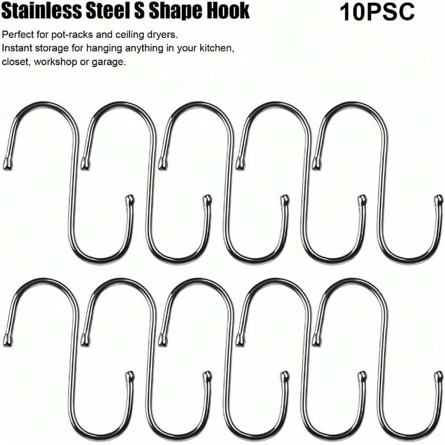 S-Shaped Metal Hooks (10 Units): Versatile For Bathroom, Kitchen And Clothing Organization.