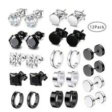 12 Pairs Men's Punk Style Stainless Steel Earrings Set, Creative And Fashionable Jewelry Hoop Earrings For Men