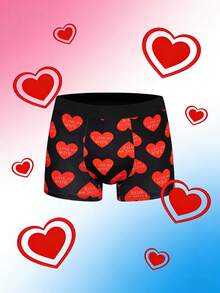 Men's Heart Print Boxer Briefs, Suitable As Valentine's Day Gift, Perfect For Boyfriend, Husband, Wedding, Confession, Daily Wear - Black - View 2