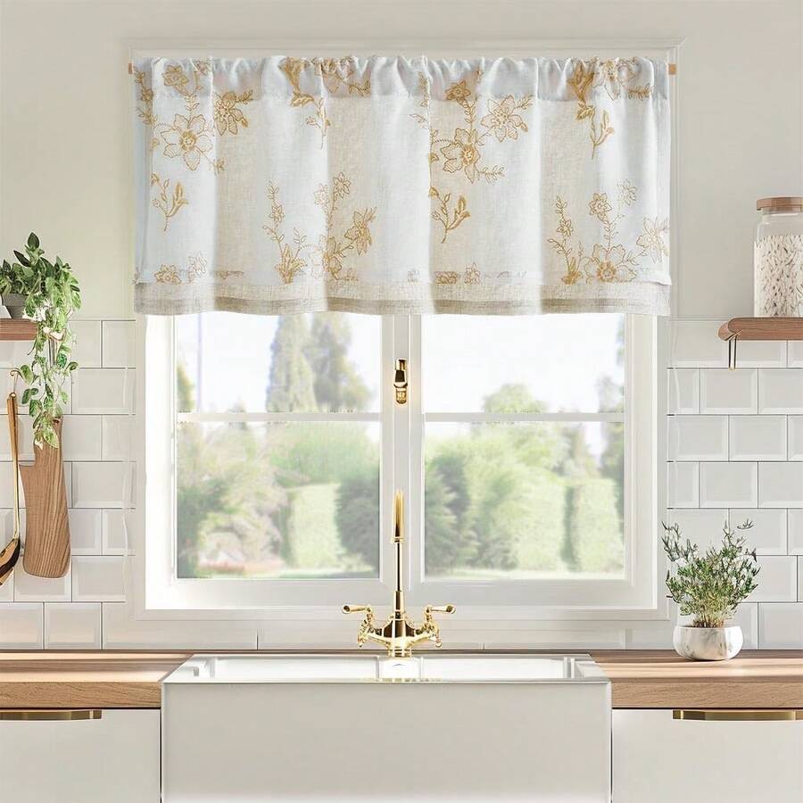 Linen Valance Sheer Double Layer Kitchen Window Curtain Leaf Embroidered Valance Living Room Cafe Farmhouse Filtering Rustic Country Curtain 18 Inch Rod Pocket 1 Panel White Home Decor - Flower | Gold - View 1