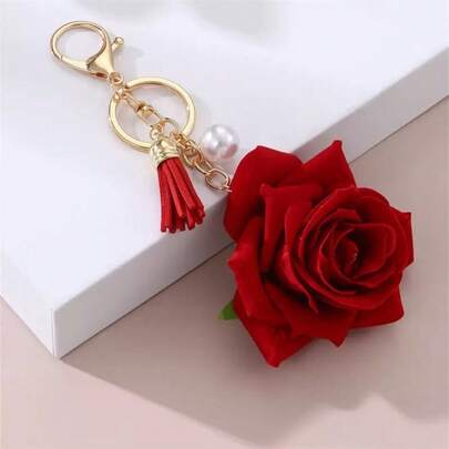 Spring New Red Rose Tassel Pendant| Sweet Style Women's Keychain Bag Buckle, Zinc Alloy Material, Box Not Included