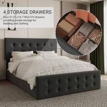 Cama Tipo Plataforma con Cuatro Cajones y Buró, Tapizada en Lino y Base con Láminas de Madera, No Necesita Colchón de Resortes - Gris - Ver 3