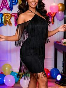 Sexy Women Black Fringe Mini Dress With Off Shoulder Halter Backless Tassel Bodycon Cocktail Party Dress - Black - View 1