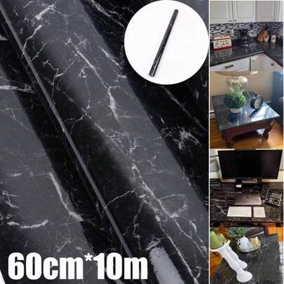 Black High-Gloss Marble Self-Adhesive Film (60cm X 10m) | Oil-Proof Peel & Stick Vinyl For Countertops, Cabinets, Tables & Walls | Easy Kitchen Upgrade