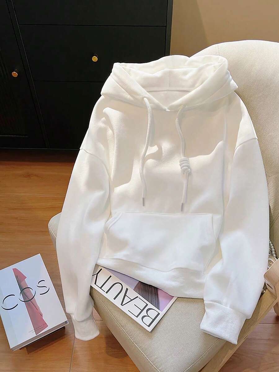 纯色连帽套头卫衣，可爱女士Y2K风格连帽衫，秋季返校季女装，落肩长袖连帽衫，2025新款秋季女装，冬季女装 - 白色 - 查看 1