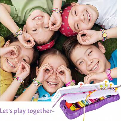 1 Set Kids DIY Jewelry Making Kit, Pink/Purple Storage Box, Rainbow Strings & Decorative Accessories, Handmade Bracelet & Ornaments, Children's Dress Up Jewelry, Kids DIY Bracelet Accessories, Home Craft Or Holiday Party Interactive, Party Favors, Ideal Handmade Gift, Birthday Gift