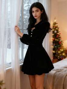 فستان سهرة من قطعتين مكون من فستان أسود مخملي ذو حمالات رفيعة مع شال قصير طويل الأكمام، مناسب لفصلي الخريف والشتاء، مناسب لارتداء في رأس السنة، الاستضافة، والعروض المسرحية - متعدد الألوان - مشاهدة 10