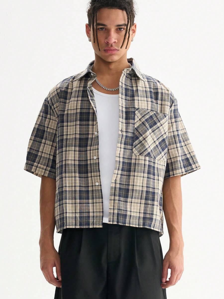 Men's Blue Cropped Plaid Shirt Cotton Summer Casual Oversized Streetwear - 藍色 - 查看 1