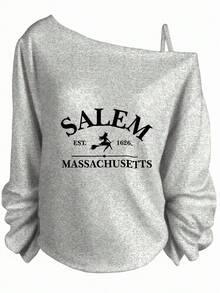 Halloween Outfits For Women, Salem Witch Graphic Off The Shoulder Long Sleeve Sweatshirt, Casual Relaxed Fit, Gothic Style, Fall Vibes-Y2K Cute Tops, Casual Streetwear, Graphic Tees Women, Daily Outfits - 灰色 - 查看 7