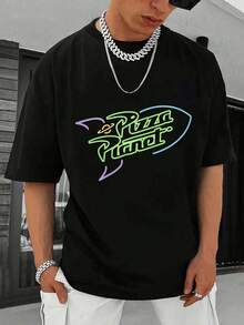 Letter graphic print rocket logo design men's T-shirt, new men's sweatshirt, gym T-shirt, men's pajamas, 100% cotton, short sleeves, suitable for outdoor casual wear, can be paired with jeans, machine washable, New Year's gift, Valentine's Day gift, suitable for dates and parties. - Negro - Ver 2