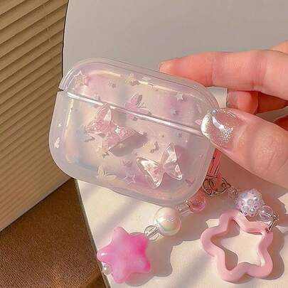 1pc 3D Gradient Butterfly Earphone Case With Glitter & Star Pendant Chain - Translucent Pink Shell With 3D Gradient Butterfly, Star Pendant Chain With Shimmering Effect, Full Edge Protection Compatible With All Apple Models, Practical Protective Case And Dreamy Accessory To Delight Girls