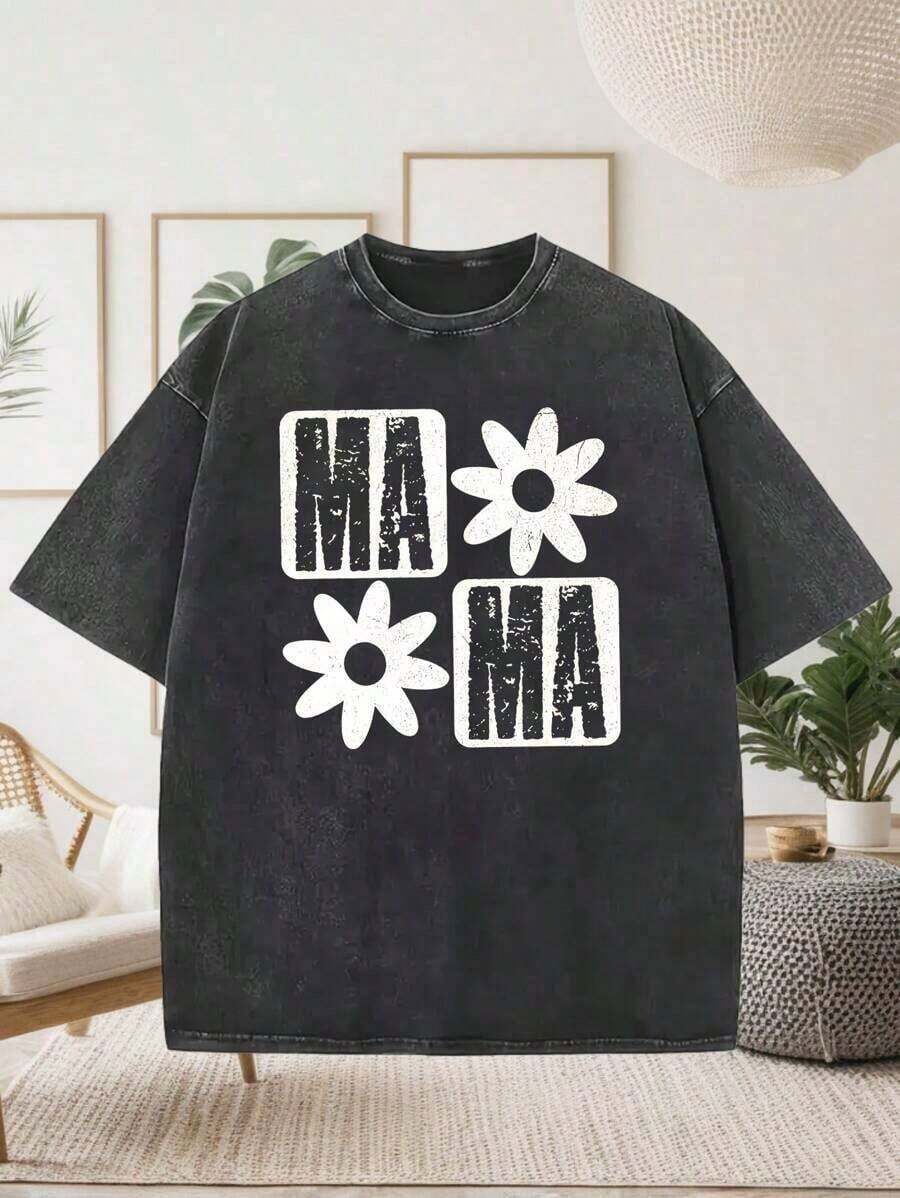 2026 Summer TopsWomen's Vintage Washed Distressed Printed T-Shirt-Men's 230g Washed Vintage Cotton T-Shirt - Tired Moms Club Graphic Print, Casual Short Sleeve Round Neck Tee, Funny Mother's Day Gift For Women, Machine Washable Summer Top, Casual Attire |   Playful Print |   Durable Fabric-Casual Round Neck Short Sleeve Cotton Street Wear Women'sTopsLoose And Comfortableshirt - Black 02 - 查看 1