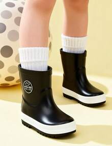 Kids Black Solid Color Rain Boots, Waterproof Non-Slip Boots For Outdoor Play And Rainy Days - 黑色 - 查看 1