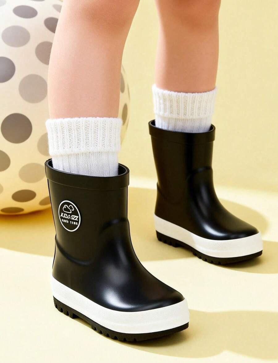 Kids Black Solid Color Rain Boots, Waterproof Non-Slip Boots For Outdoor Play And Rainy Days - 黑色 - 查看 1