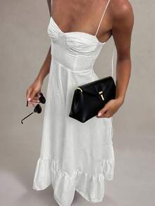 女士新款无袖系带优雅沙滩露肩宽松长裙，波西米亚性感露背休闲A字连衣裙，春夏秋季 - 白色 - 查看 3