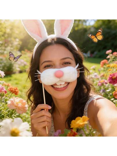 1个毛茸茸的仿兔鼻子拍照道具，趣味鼻子装饰，适用于派对、复活节主题派对、节日聚会、化装舞会、自拍、趣味装扮