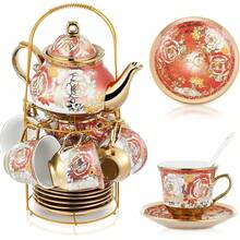 Juego de té de porcelana de 20 piezas con soporte de metal y cuchara, juego de té de cerámica para adultos, tetera con pintura de flores europea, taza, platillo y cuchara para mujeres - Estilo noble - Ver 10