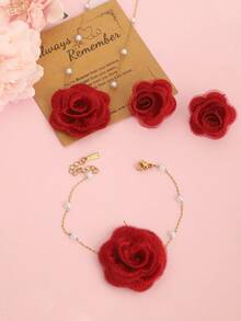 4pcs/Set Fashionable & Elegant Fabric Red Rose Earrings, Bracelet, Necklace Jewelry Set, Suitable For Banquet, Wedding, Valentine's Day And Other Occasions - Red - View 6